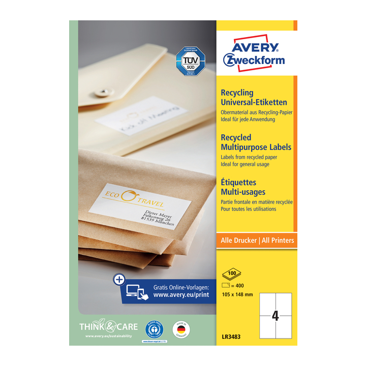 Etiket avery zweck lr3483 105x148mm 400st recycled(lr3483) - 0