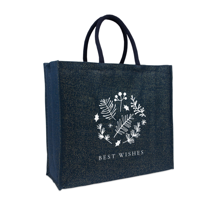 Jute glitter kersttas, Best Wishes 45+17x40cm, blauw (50 st) - 0