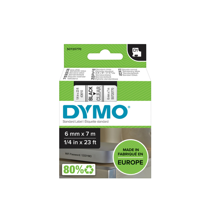 Lettertape dymo 43610 1000/5000 6mmx7m transp/zwar - 0