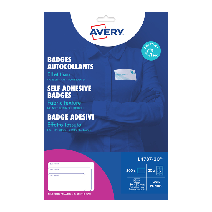 Badge avery l4787-20 80x50mm 200st blauw kader(l4787-20) - 0