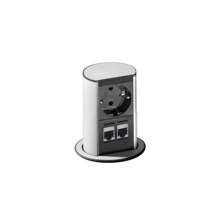 De ELEVATOR inbouwunit, 1x 230V en 2x CAT6 in de kleur mat Chroom. - 0