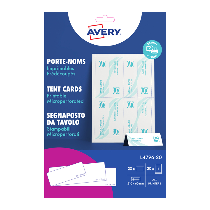 Avery, tafelnaambord, 210x60mm, wit, L4796-20 (20 stuks) - 0