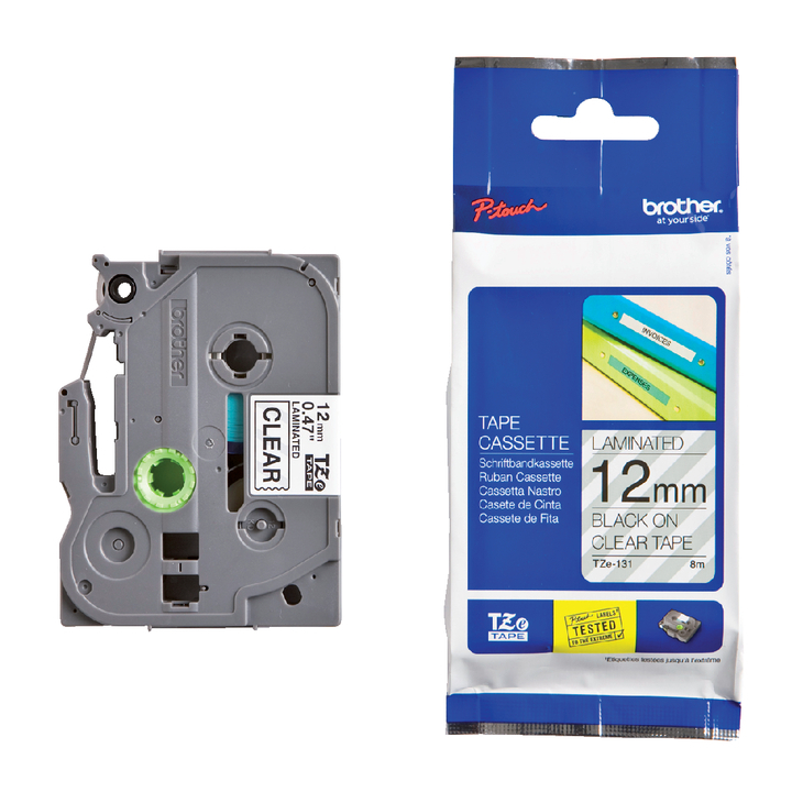 Brother P-touch, labeltape, 12mm, zwart op transp., TZE131 - 0