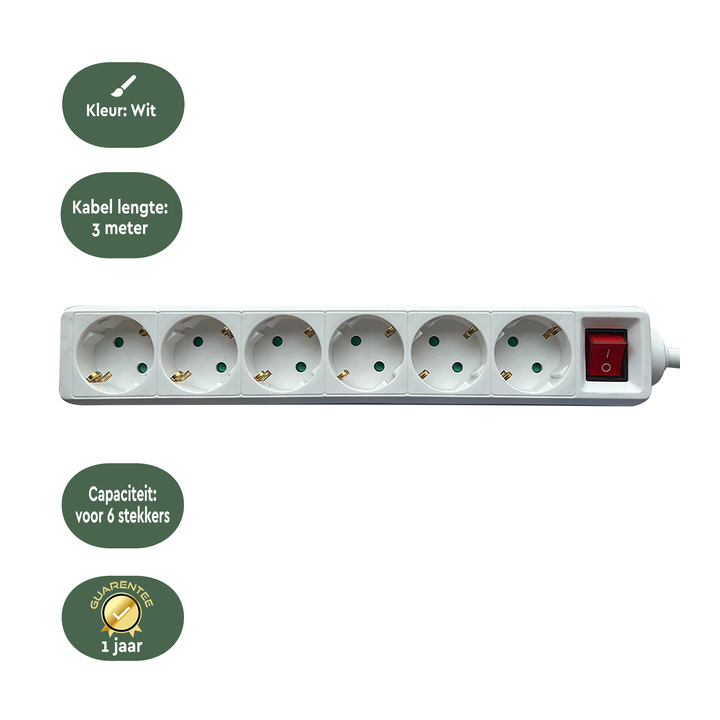 Stekkerdoos brasq  6 voudig 3 meter wit(8742618) - 2