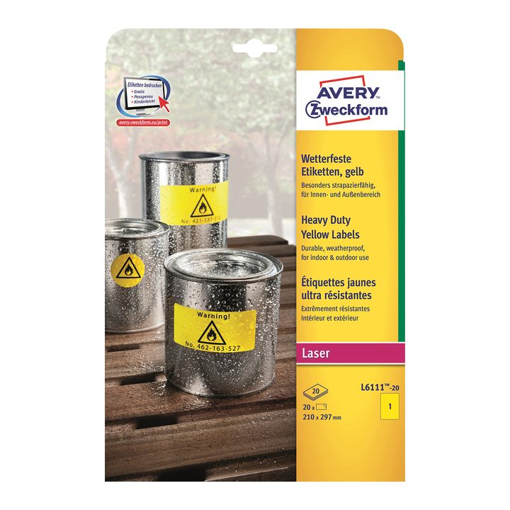 Etiket avery l6111-20 210x297mm geel 20stuks(l6111-20) - 0