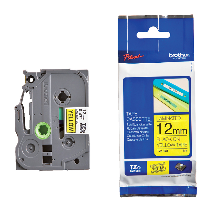 Brother P-touch, labeltape, 12mm, zwart op geel, TZE631 - 0