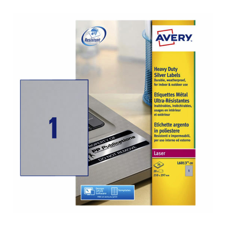 Etiket avery l6013-20 210x297mm zilver 20st - 0