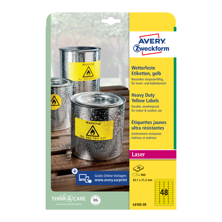 Etiket avery l6103-20 45.7x21.2mm geel 960stuks(l6103-20) - 0