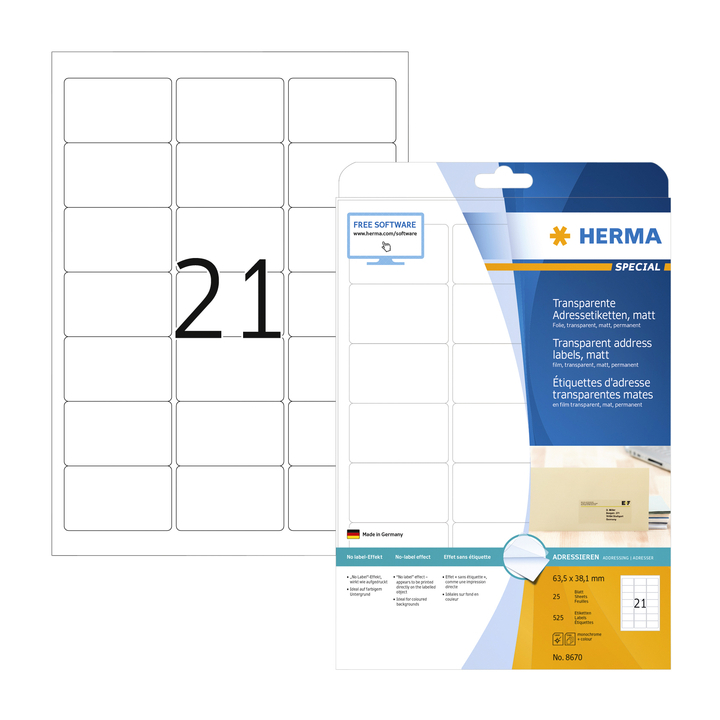 Etiket herma 8670 a4 63.5x38.1mm trsp mat 525st(8670) - 0
