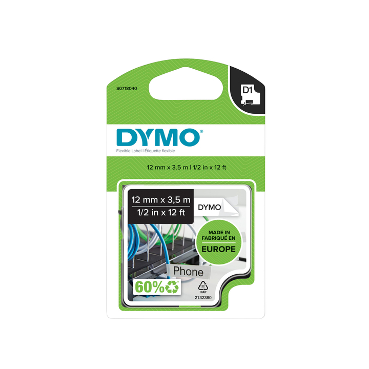 Lettertape dymo 16957 d1 12mm3.5m nylon zwart/wit - 0