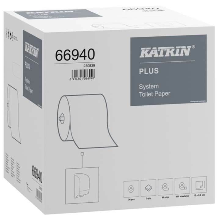 Katrin Plus | Systeemrol Toiletpapier | 96 Meter | 2-Laags | Wit | 66940 (36 stuks) - 0